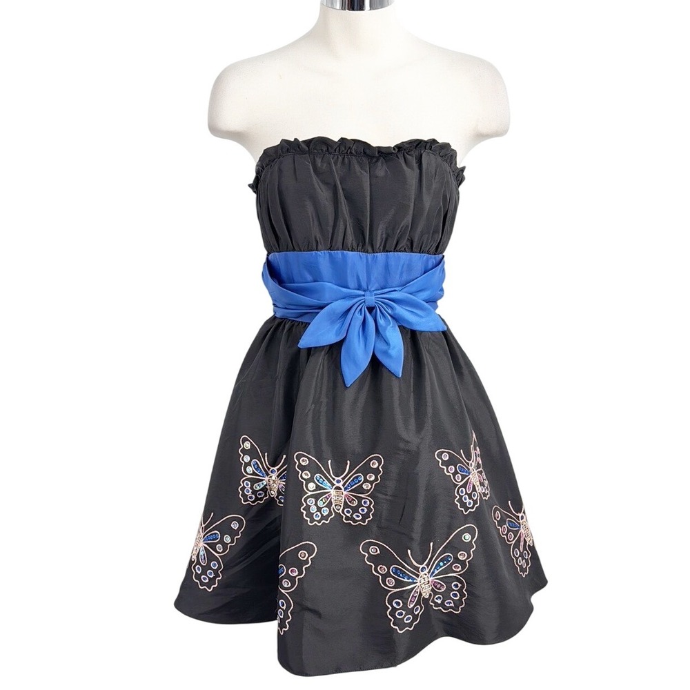 Betsey Johnson Evening Vintage Strapless Black Dress Butterfly Bow Blue Size 4